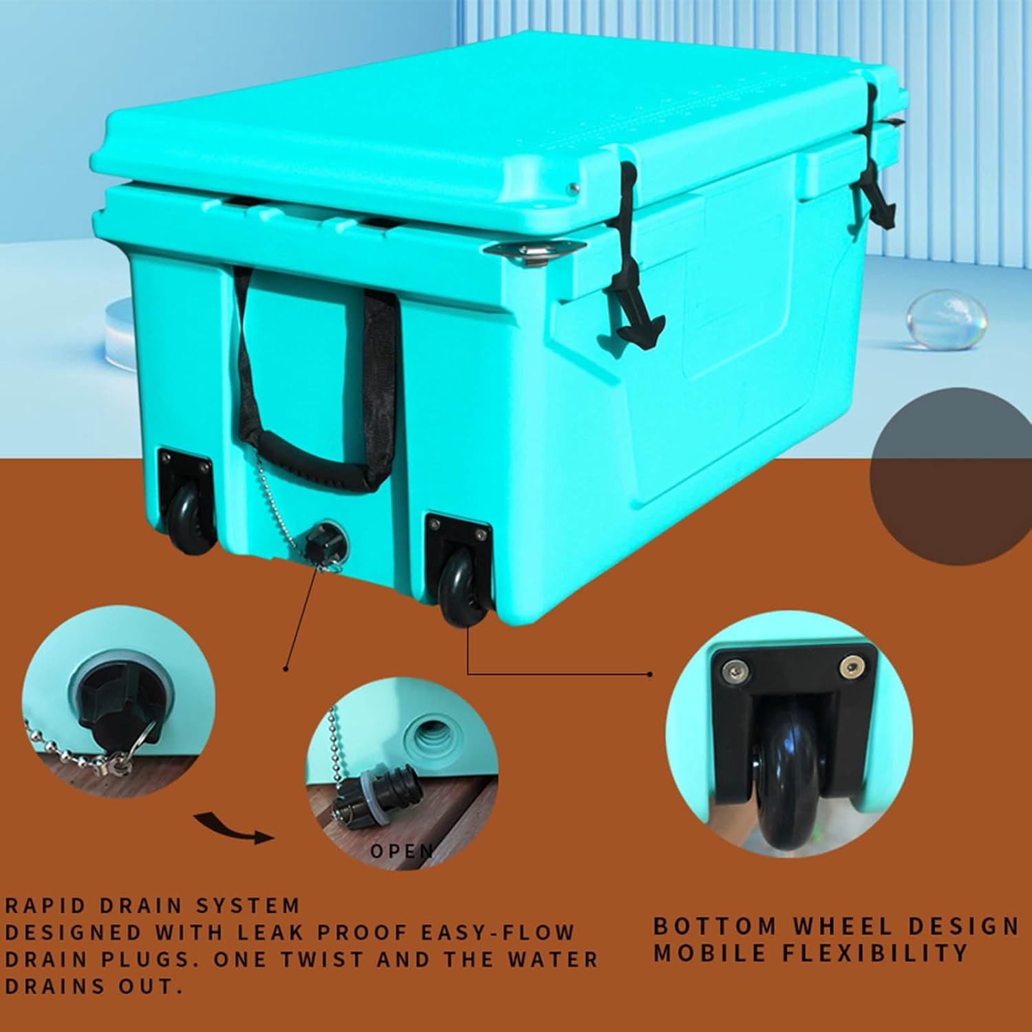 65QT Portable Cooler with Wheels, Outdoor Ice Chest Box for Fishing Party Beach Drink Beverage Camping Picnic Boat Barbecue