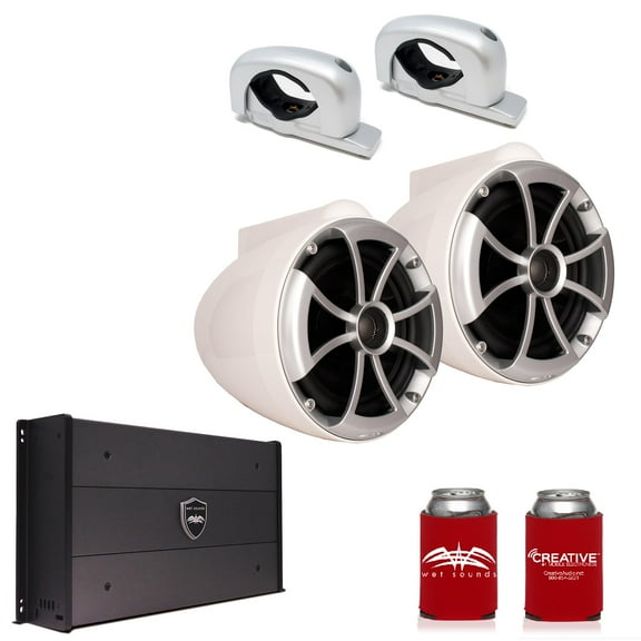 Wet Sounds ICON8W-FC-SA 8" White Tower Speakers with Silver Aluminum Fixed Clamps & SYN-DX2.3 1200 Watt Amplifier