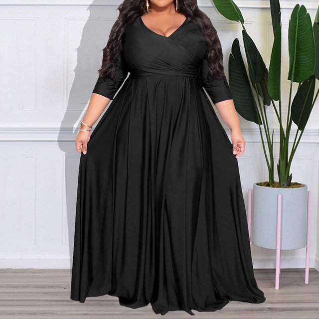 Evening Party Sexy Solid Color V-Neck High Waist Three Quarter Sleeve Pullover Maxi Princess Dress Plus Size Women's ClothingL Gao Jinjia LED