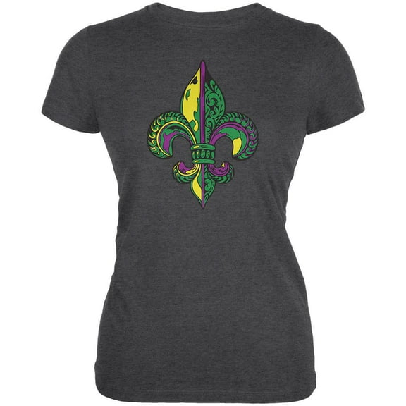 Mardi Gras Ornate Colorful Fleur-de-Lis Dark Heather Juniors Soft T-Shirt - Medium