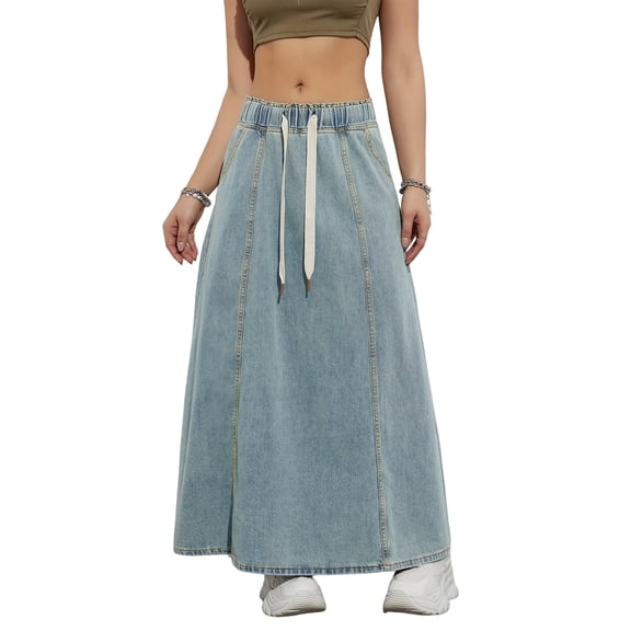 Women'S Casual Elastic High Waist A Line Long Maxi Flare Denim Skirt Light Blue S