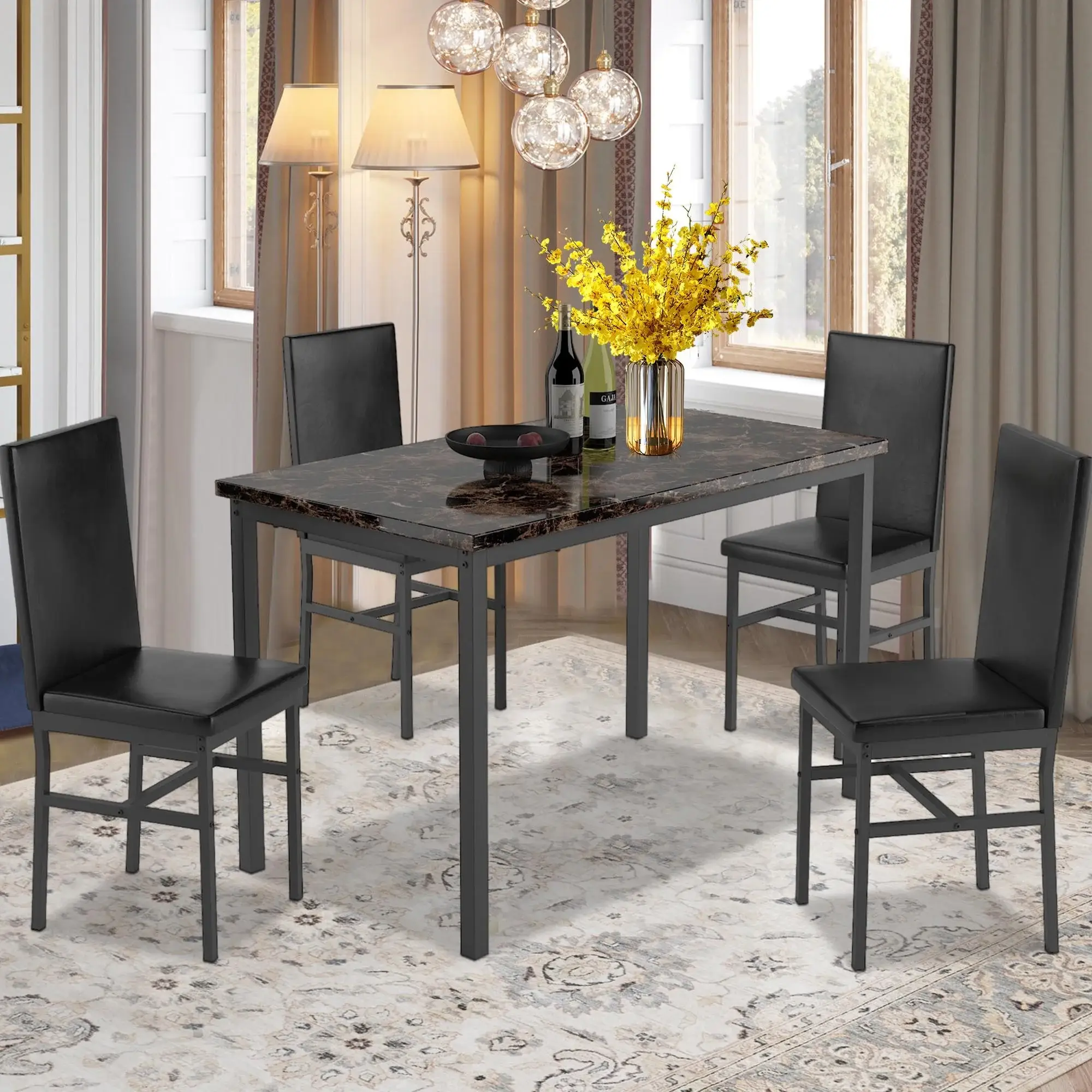 5 Piece Dining Table Set, Dining Table Set for 4, Modern Pub Bistro Table with Storage Shelf for Kitchen, Coffee Shop, Small Space