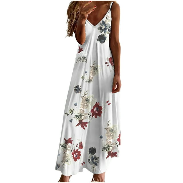 RKSTN Robes Maxi pour Femmes Mode Décontractée à Imprimé Floral Bohème Sans Manches à Col en V Robe de Plage Ample Grande Taille Évasée Robes d'Été