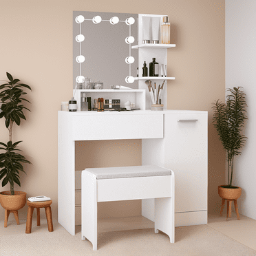 Makeup Vanity Table with Light Mirror Dressing Vanity Desk Storage Cabinet for Bedroom