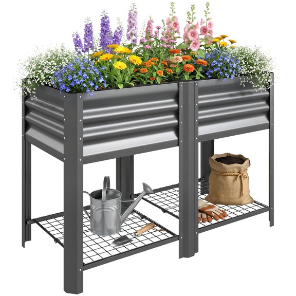 Raised Garden Bed, Galvanized Steel Elevated Planter Box with Storage Shelf and Liner, 31.5" High, Dark Gray, for Outdoor Patio and Yard