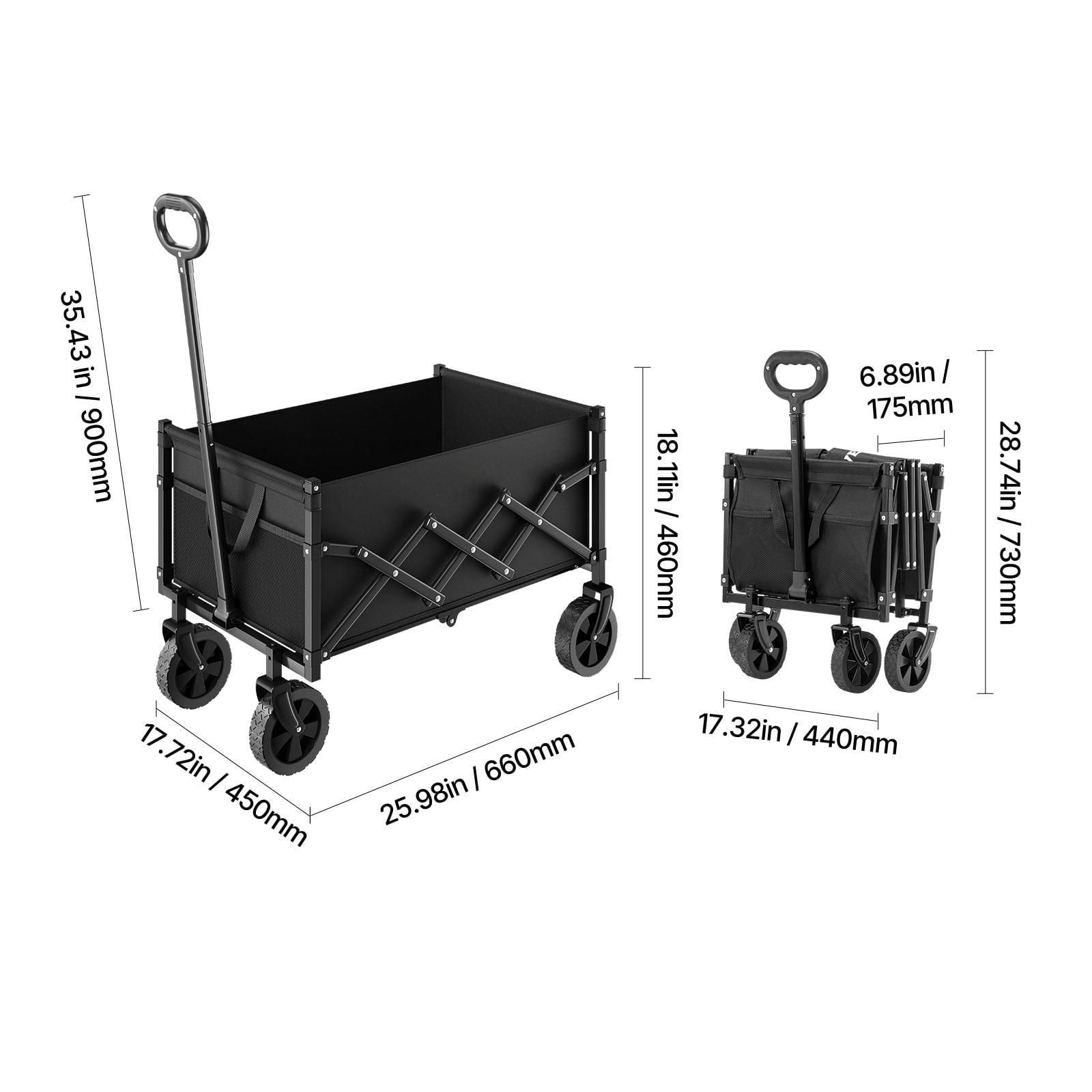 Collapsible Wagon Carts, 120L & 225LBS Folding Wagons with All-Terrain Wheels, Heavy Duty Outdoor Utility Cart with Adjustable Handle, Portable Camping Cart for Beach Grocery Garden, Black
