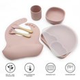 thumbnail image 1 of |7 Piece| Silicone  – |Bib  Suction Bowl  Training Cup  Sectional Suction Plate & Lid  Spoon & Fork| – Food Grade Silicone  BPA Free, 1 of 8