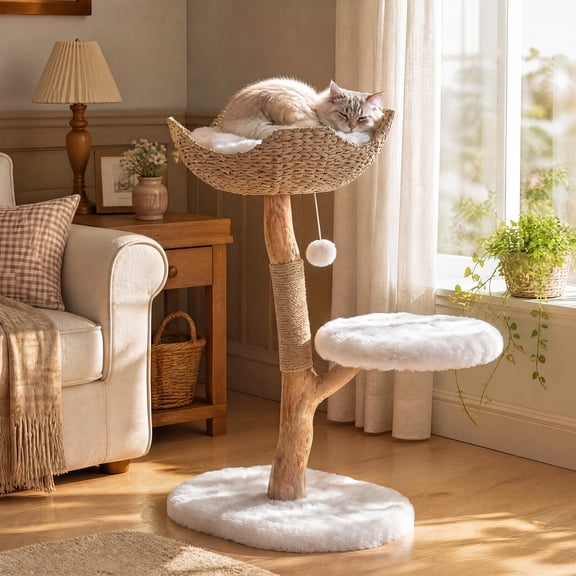Solid Wood Cat Tree with Natural Branch Design, Boho Cat Tower with Wicker Basket Bed, Scratching Post & Perch, Small Cat Condo for Indoor Cats