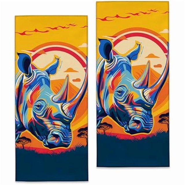 wonima44 Turamurra Rhino Hand Towels - 2 Pack, 14.5" X 28", Soft Microfiber Polyester Bath Towel Set with Animal Rhino, for Bathroom Kitchen Spa Hotel Decor Gifts for Women