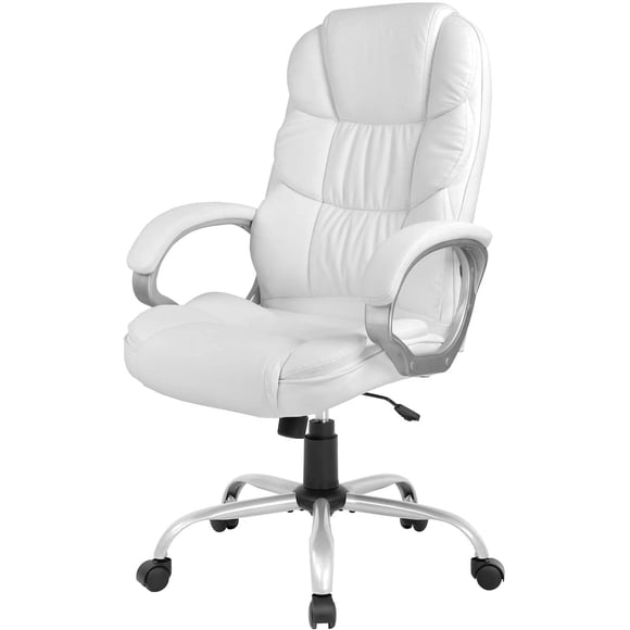 FDW Ergonomic High Back Office Chair, Adjustable PU Leather, Lumbar Support, Padded Armrests & 360° Swivel Wheels, White