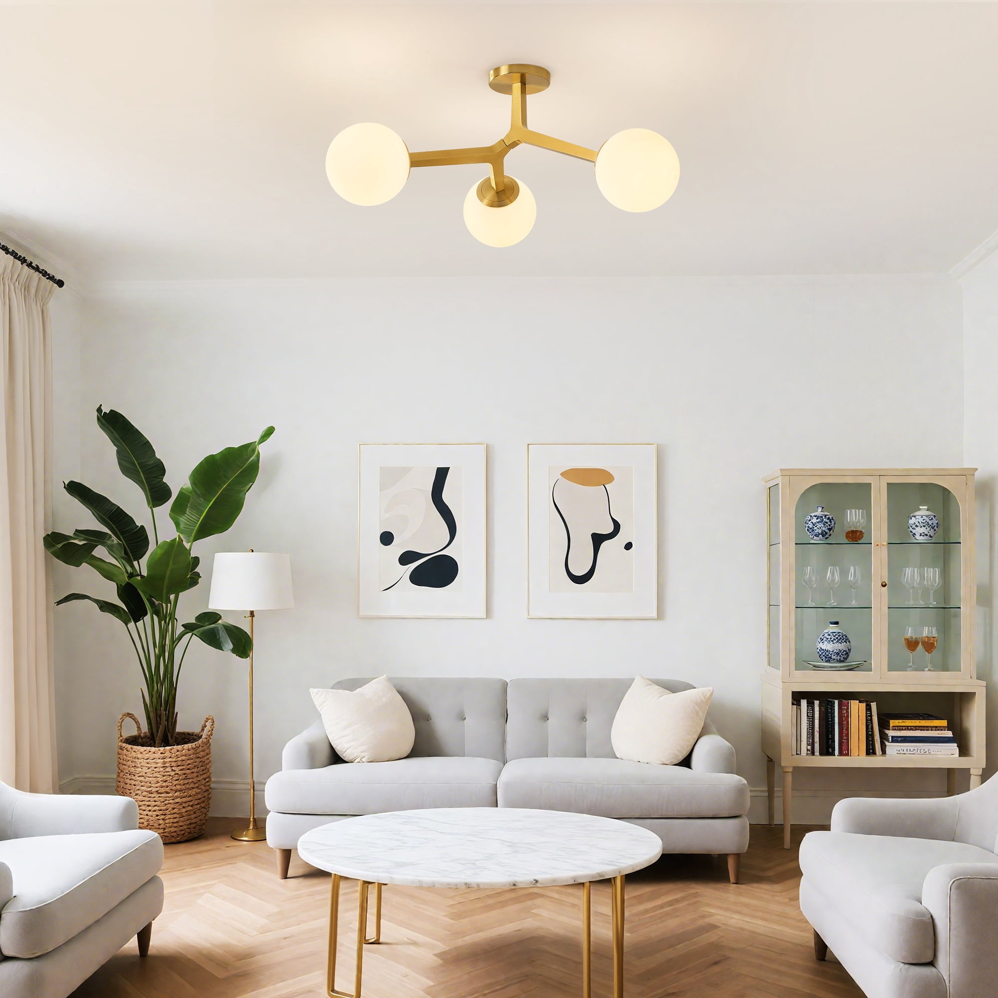 3-Light Gold Modern Chandelier Glass Semi Flush Mount Ceiling Light with Globe Milky Frosted Glass Shade E12 Sputnik Ceiling Light for Kitchen Hallway Light Fixture