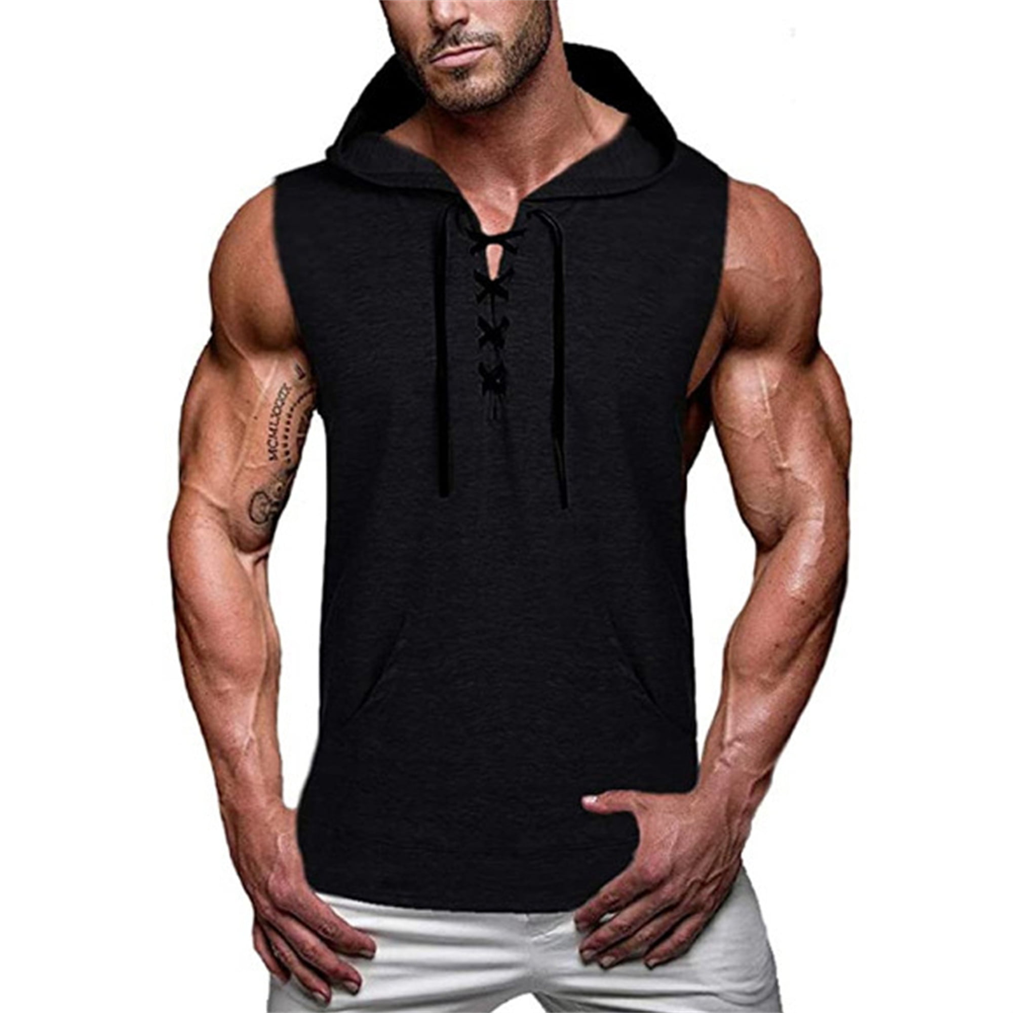 MENS HOODED SLEEVELESS TANK SIZE S XXL MUSCLE BODYBUILDING GYM ARMY GYM 