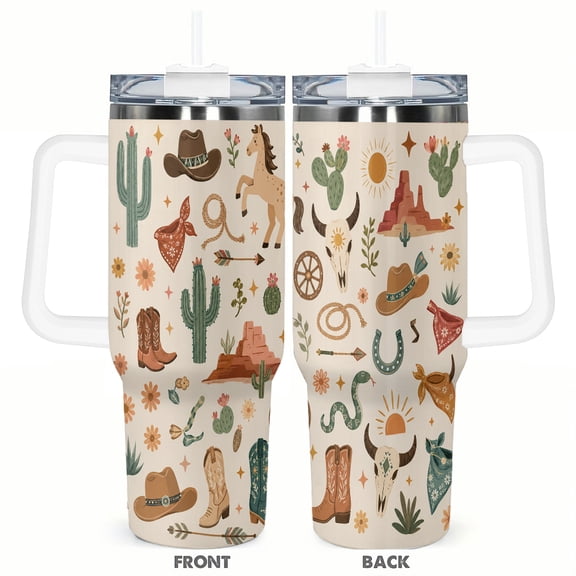 40oz Western Cowboy Tumbler with Handle and Straw Desert Cactus Horse Pattern Insulated Car Cup Stainless Steel Travel Coffee Cup Gift