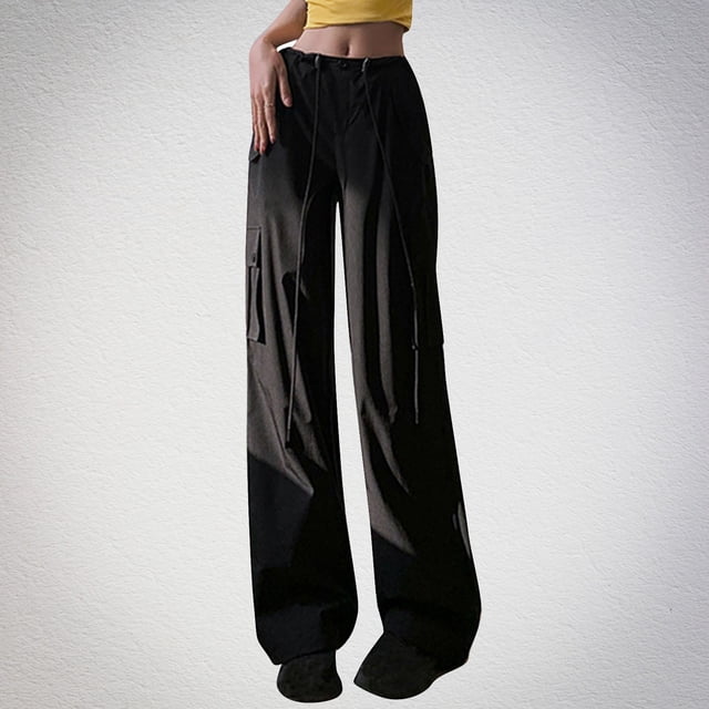 KIHOUT Cargo Pants for Women Clearance in Summer Wide Leg Solid Color Drawstring Loose Full Length Trousers with Multi Pocktes