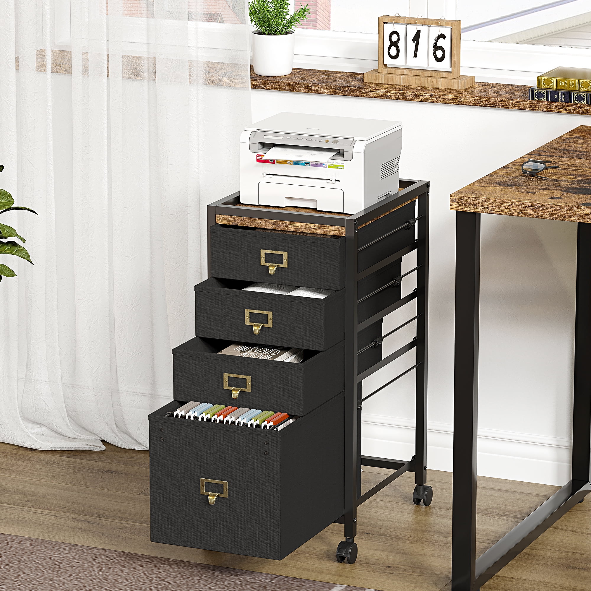 Yesfashion 4 Drawers Mobile Rolling Printer Stand File Cabinet for Home Office, Black