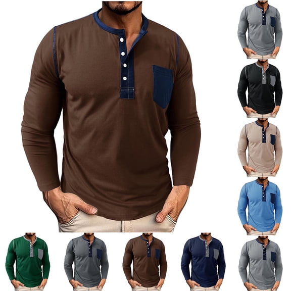 Aestivo Men's Henley Pocket Shirt, Colorblock Long Sleeve Top, Casual Pullover Tee with Button Closure for Vacation Work Leisure, Black L