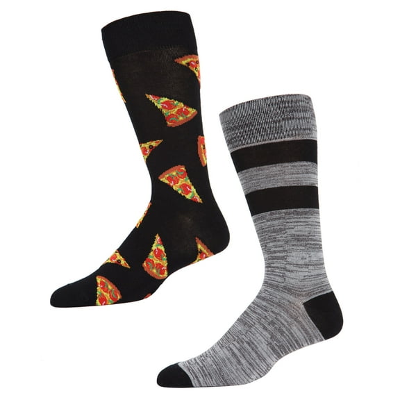 MeMoi 2 Pair Men's Pizza-Themed and Striped Rayon-Blend Novelty Crew Socks - Mens - Male, 10-13, Black