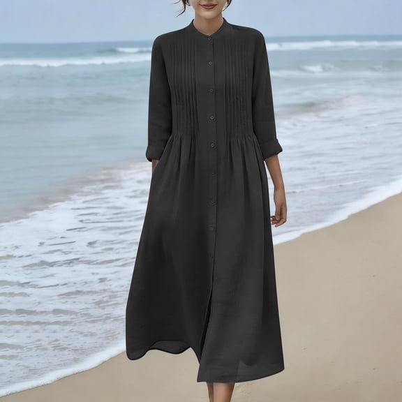 Women's Cotton Linen Dress Long Sleeve Crew Neck Smocked A Line Boho Flowy Maxi Dresses with Pockets Plus Size Black XL