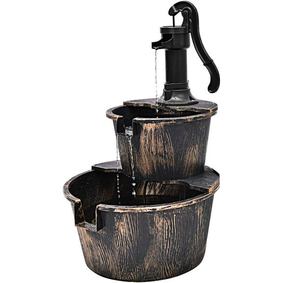 XgoodX Water Fountain Outdoor, 2-Tier Barrel Cascading Waterfall Fountain with Electric Pump for Garden Patio Deck Backyard Decor, Rustic Freestanding Water Feature