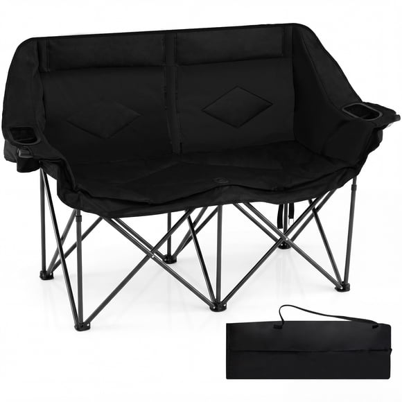 Gymax Double Camping Chair w/ Cup Holders Glass Racks & Mesh Pockets Carry Bag Black