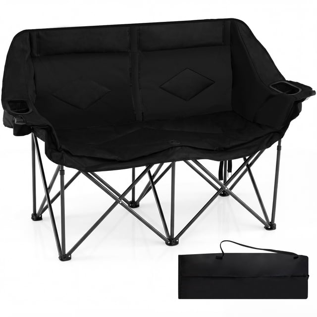 Gymax Double Camping Chair w/ Cup Holders Glass Racks & Mesh Pockets Carry Bag Black