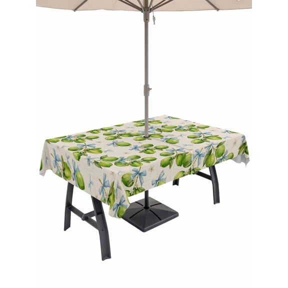 Outdoor Tablecloth with Umbrella Hole for Patio/Picnic/Party/Camping, Green Lemons Waterproof Table Cloth Rectangle Table Cover Washable, Summer Watercolor Blue Bows Fruits on Linen (52"x 70")