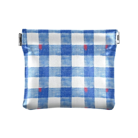 PU Leather Coin Wallet with Snap Closure Clutch Bag Holder Small Wallet Blue and White Gingham
