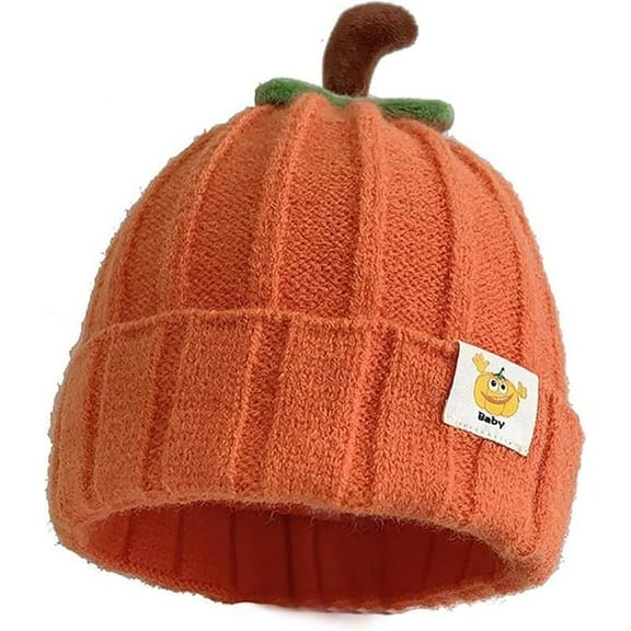 Pumpkin Knitted Beanie Hat for Kids - Soft Orange Halloween Christmas Toddler Cap Stretchy