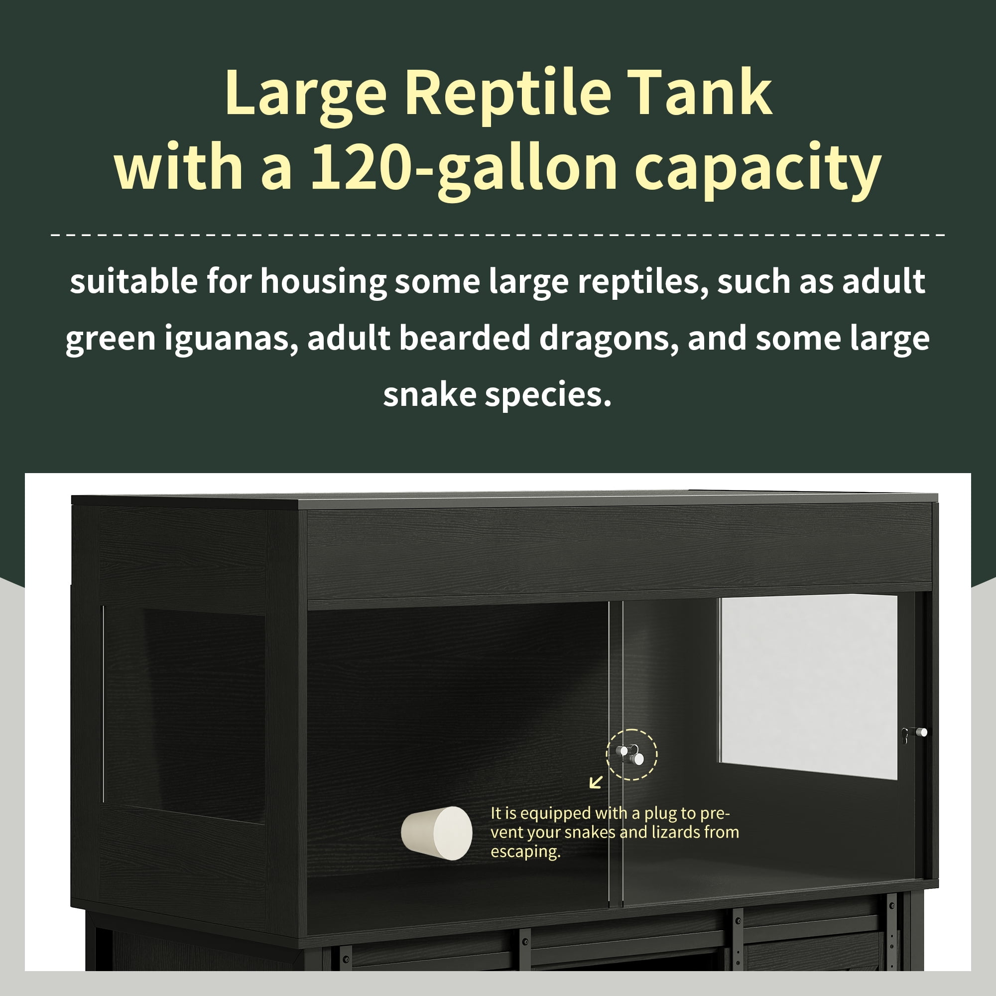 Herture 120 Gallon Reptile Terrarium with Stand, 4x2x2 Large Bearded Dragon Enclosure with Sliding Acrylic Doors, Mesh Top, Power Outlet & Storage, Vivarium Tank for Snakes, Lizards, Black PX04RTB