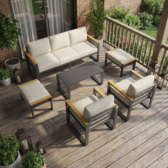 7-Seat Aluminum Patio Furniture Set, 6-Piece Outdoor Conversation Set with Coffee Table, All-Weather Metal Sectional Sofa with Washable Cushions for Balcony, Garden, Deck, Backyard,Gray