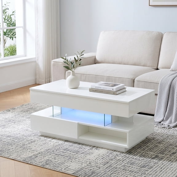 Lift Top Coffee Table with Hidden Storage & LED Lights - Modern White Gloss Finish