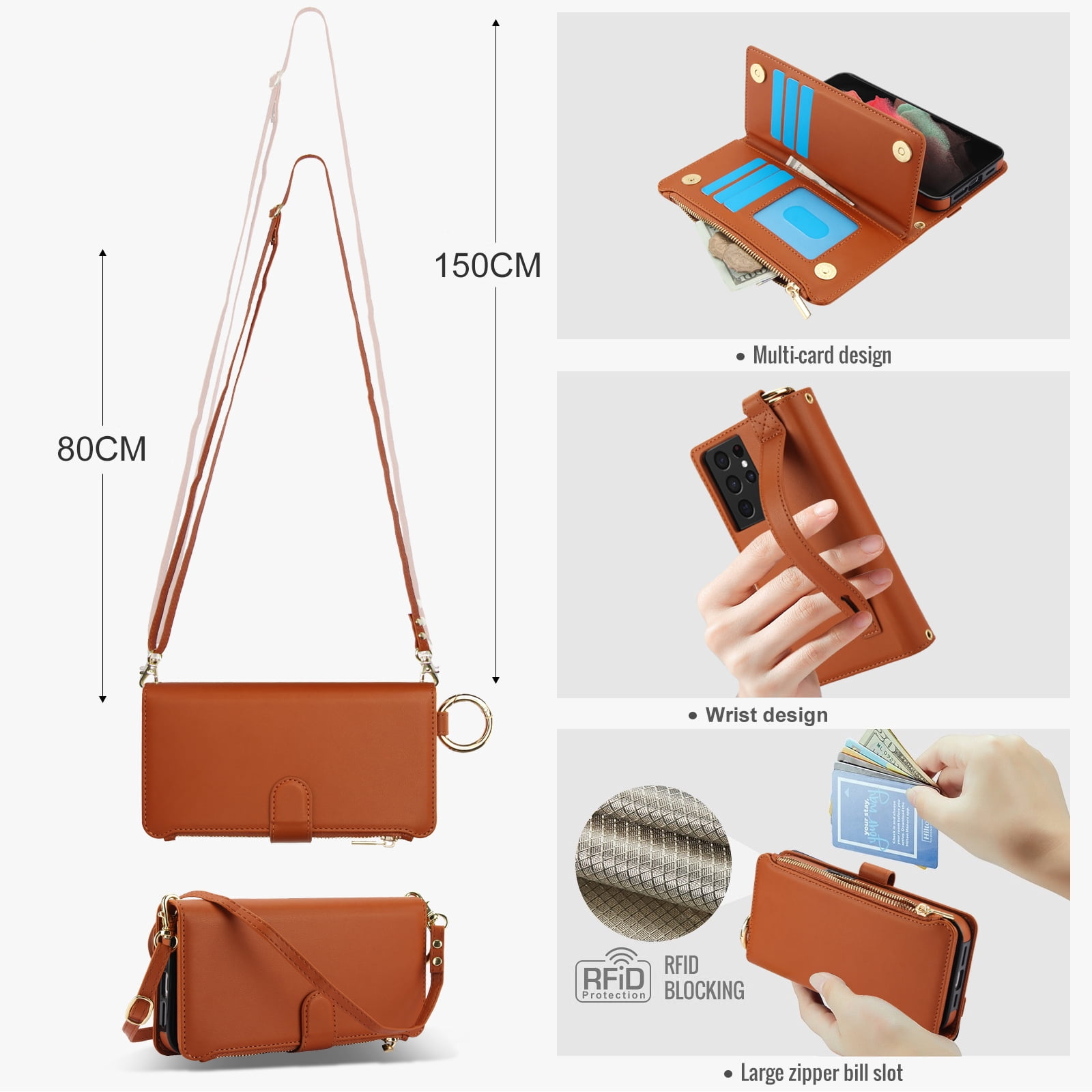 ELEHOLD For Samsung Galaxy S21 Ultra Phone Case Leather Crossbody Zipper Card Wallet Flip Case Kickstand Cover, with Ring Holder,Full Body Protection-Brown