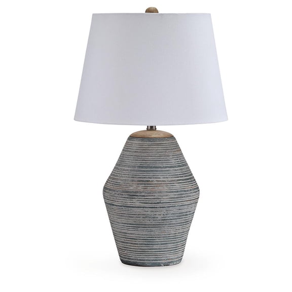 Signature Design by Ashley Lawrock 28" Terracotta Table Lamp with Drum Shade, Antique Blue and Distressed White Finish, Natural Wood Accent, 3-Way Switch