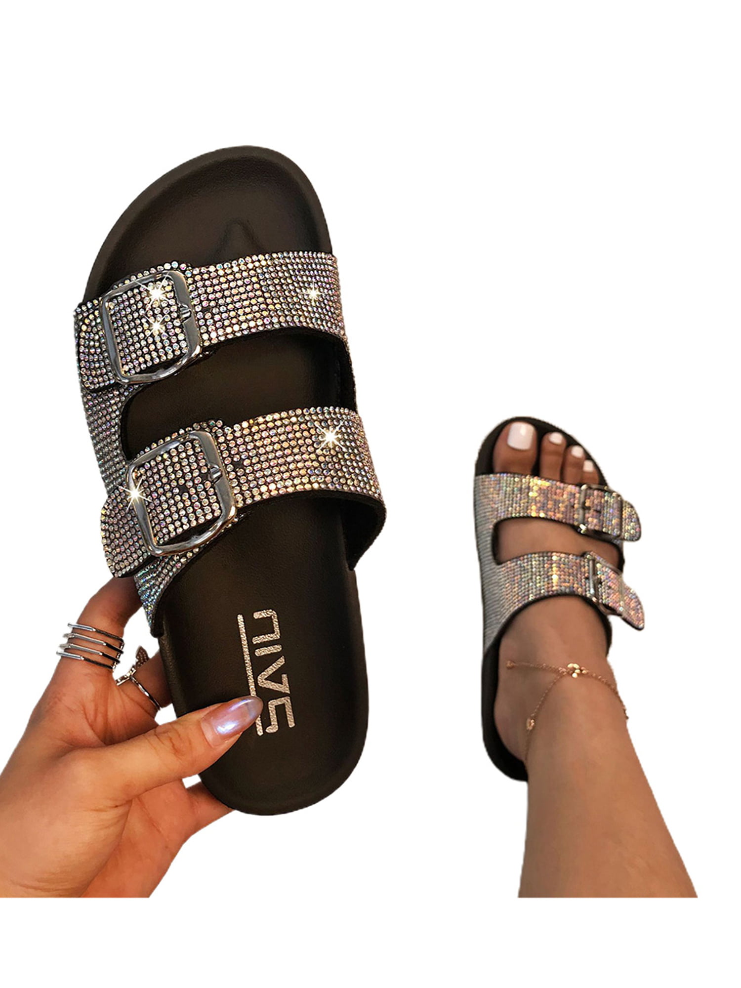 Womens Ladies Diamante Sliders Slippers Pool Side Slides Summer Sandals Shoes