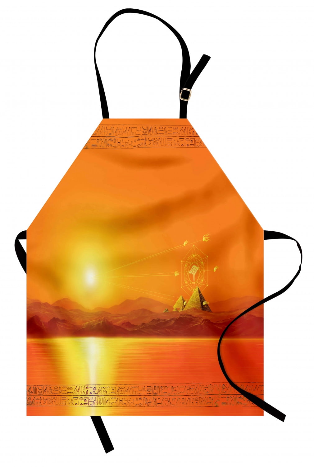 Egypt Apron Pyramids on the Sandy Desert with Hieroglyphs on Frame Sunset Scenery Image, Unisex