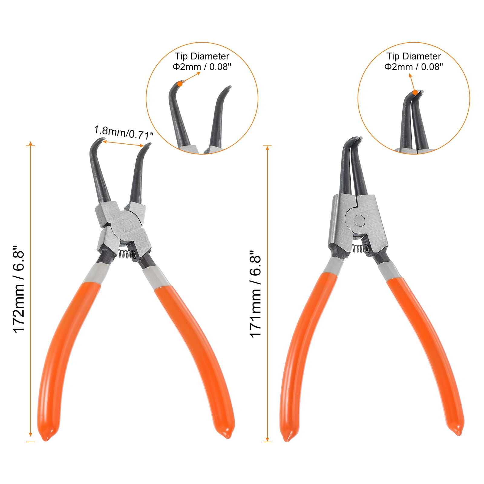 2pcs Snap Ring Plier Set 7" External Circlip Pliers with 0.08" Straight/Bent Jaw Tip for Ring Remove Retaining Pliers