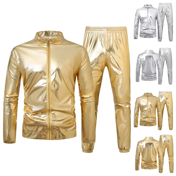 Men's 2 Piece Track Set Polyester Long Sleeve Stand Collar Pants With Zipper Pockets Solid Color Fashion Sets Casual Outdoor Lounge Athletic Jogging Suit | Zenithor,Gold L