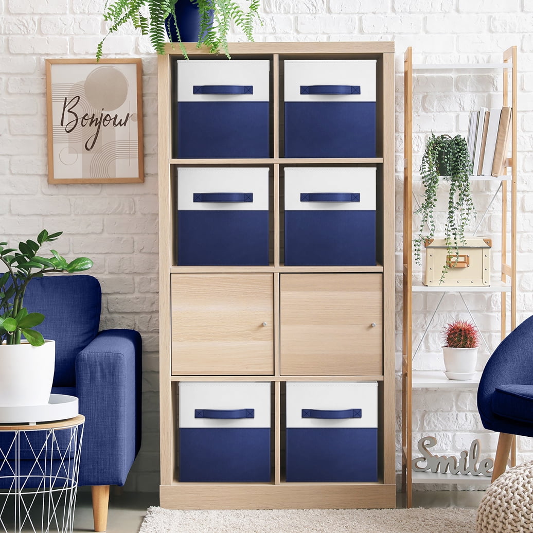 Sorbus 11" Foldable Storage Cubes – 6-Pack Fabric Bins for Closet, Shelves & Cubby Organizer – Collapsible Cloth Baskets for Home Organization, Navy Blue/White