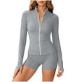 thumbnail image 2 of Women Zip Up Long Sleeve Jacket High Waist Biker Shorts 2 Piece Athletic Workout Outfit Sets Gray L, 2 of 7