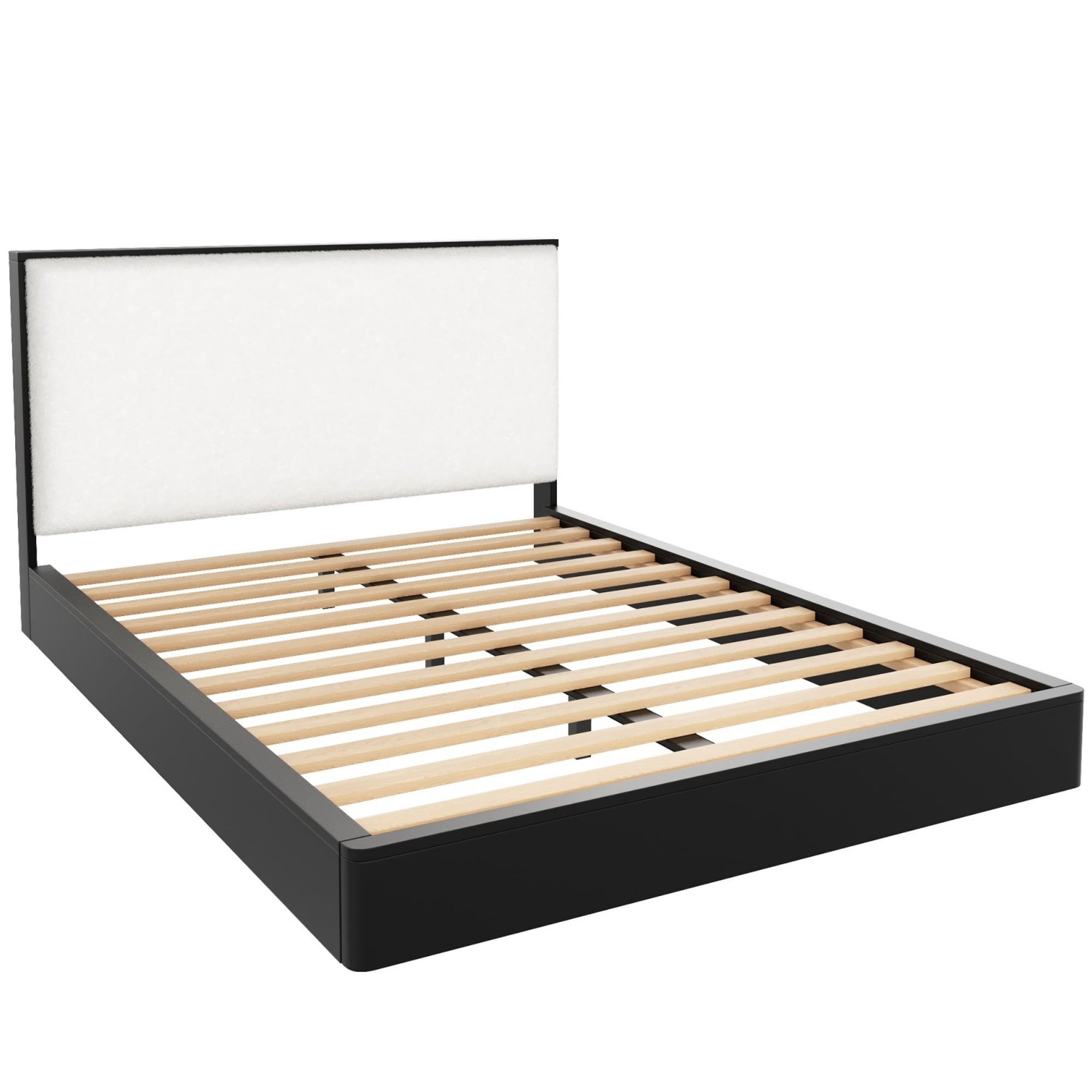 Euroco Wood Queen Size Platform Bed with Bouclé Upholstered Headboard, No Box Spring Needed, Black
