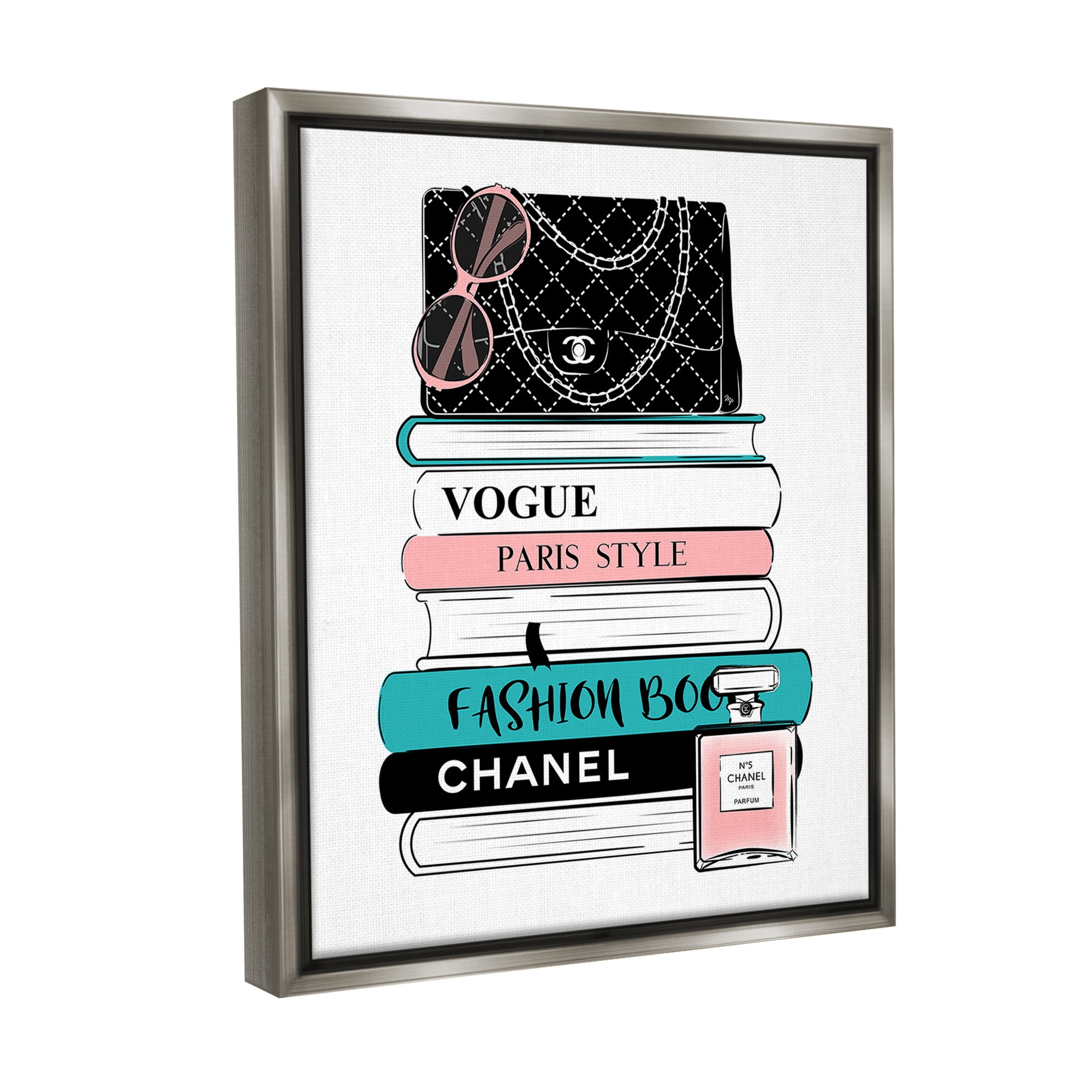 Stupell Industries Pink & Blue Bookstack Beauty & Fashion Painting Gray Floater Framed Canvas Art Print Wall Art, 25 x 31