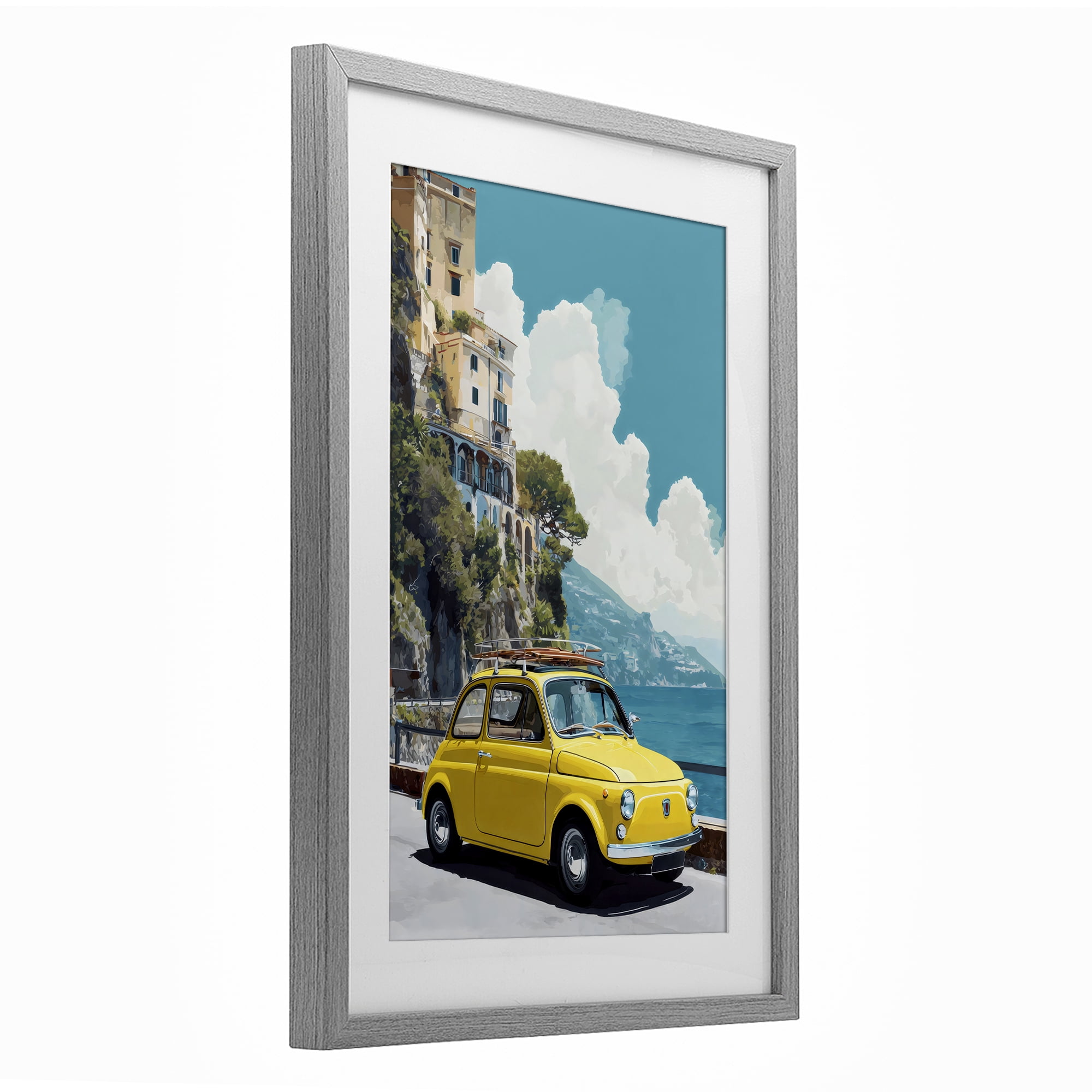 Stupell Industries Yellow Car on Coast Gray Framed Print Under Glass, design by Petal Prints Design