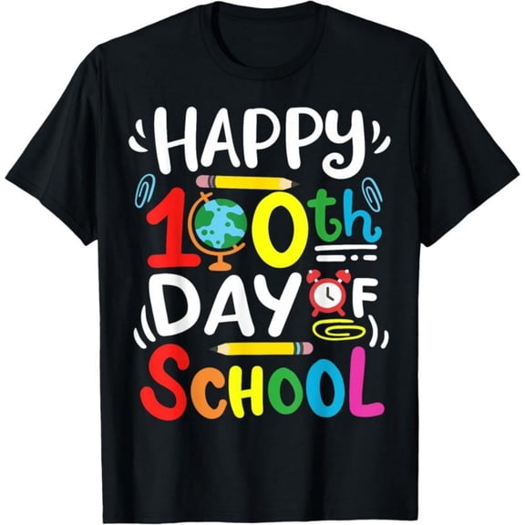 Happy 100th Day of School 100 Days of School Student T-Shirt, Back To School T-Shirt for Kids, Black, 180gsm, 100% Cotton