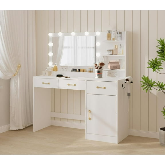 Senfot Chest of Drawers, 3-Drawer 1-Door Vanity Table, Particle Board, White with LED Lights, Stylish Makeup Storage, Modern Bedroom Organizer