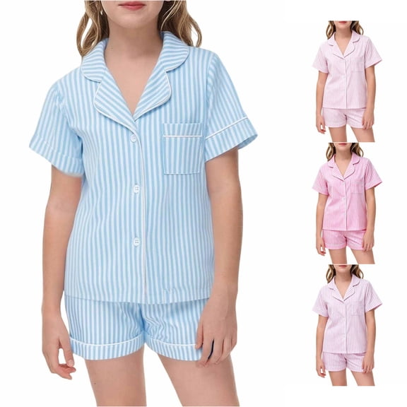 REDARER Girls Striped Satin PJs Lapel Short Sleeve Button Top Matching Shorts Soft Lightweight Summer Kids Sleepwear Set,6-7 Years