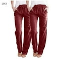 thumbnail image 2 of LLYwey Tall Pants for Women Long 2Pc Fashion Ladies Casual Solid Color Elastic Loose Pants Straight Wide Leg Trousers with Pocket New Full Length Pants Regular Fitted Wine S, 2 of 6
