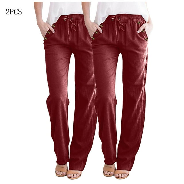 AherBiu 2PCS Womens Linen Pants Drawstring Elastic Waisted Straight Leg Casual Trousers with Pockets