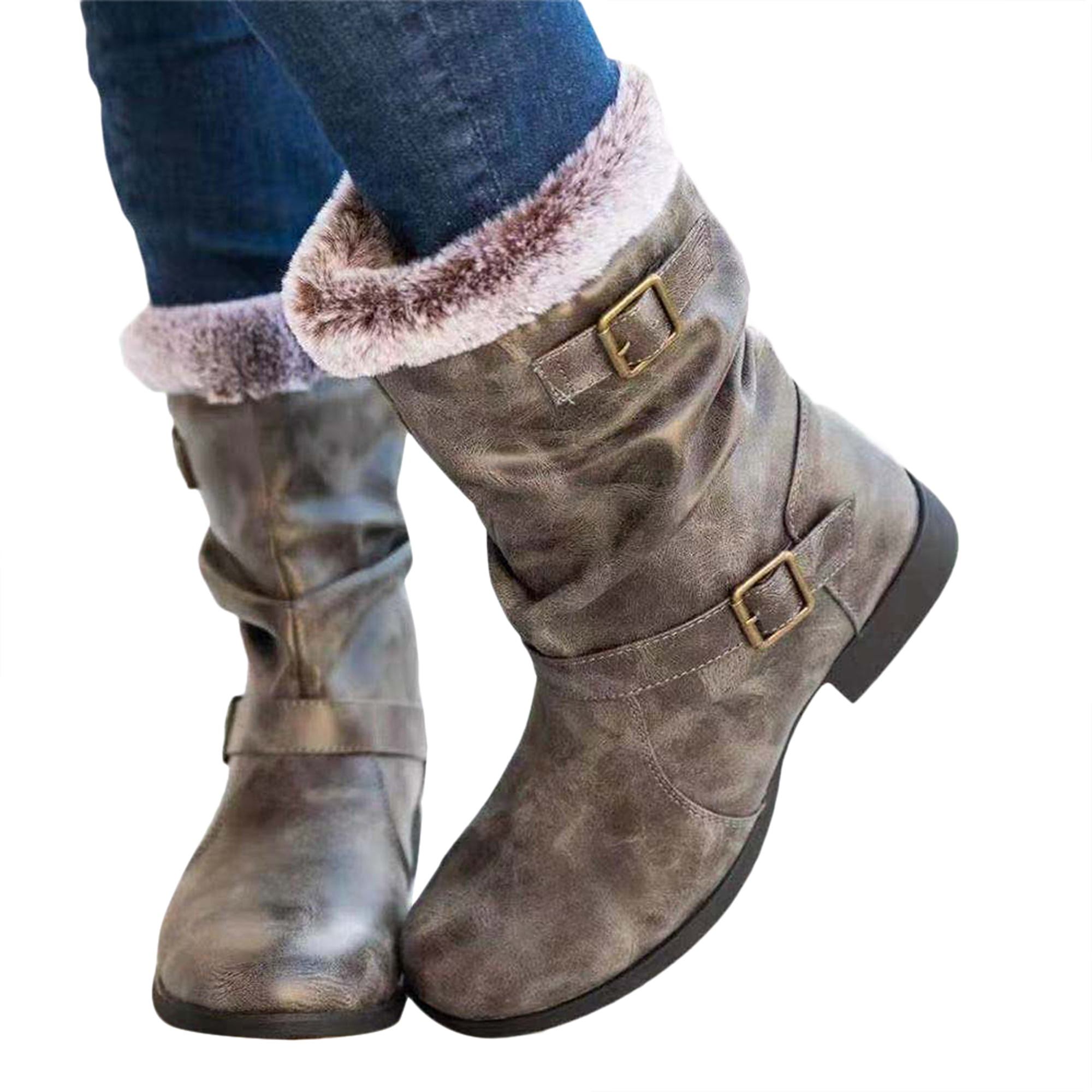 Womens Winter Mid-calf Snow Flat Low Heel Short Boots Warmer Shoes Slouch Buckle 