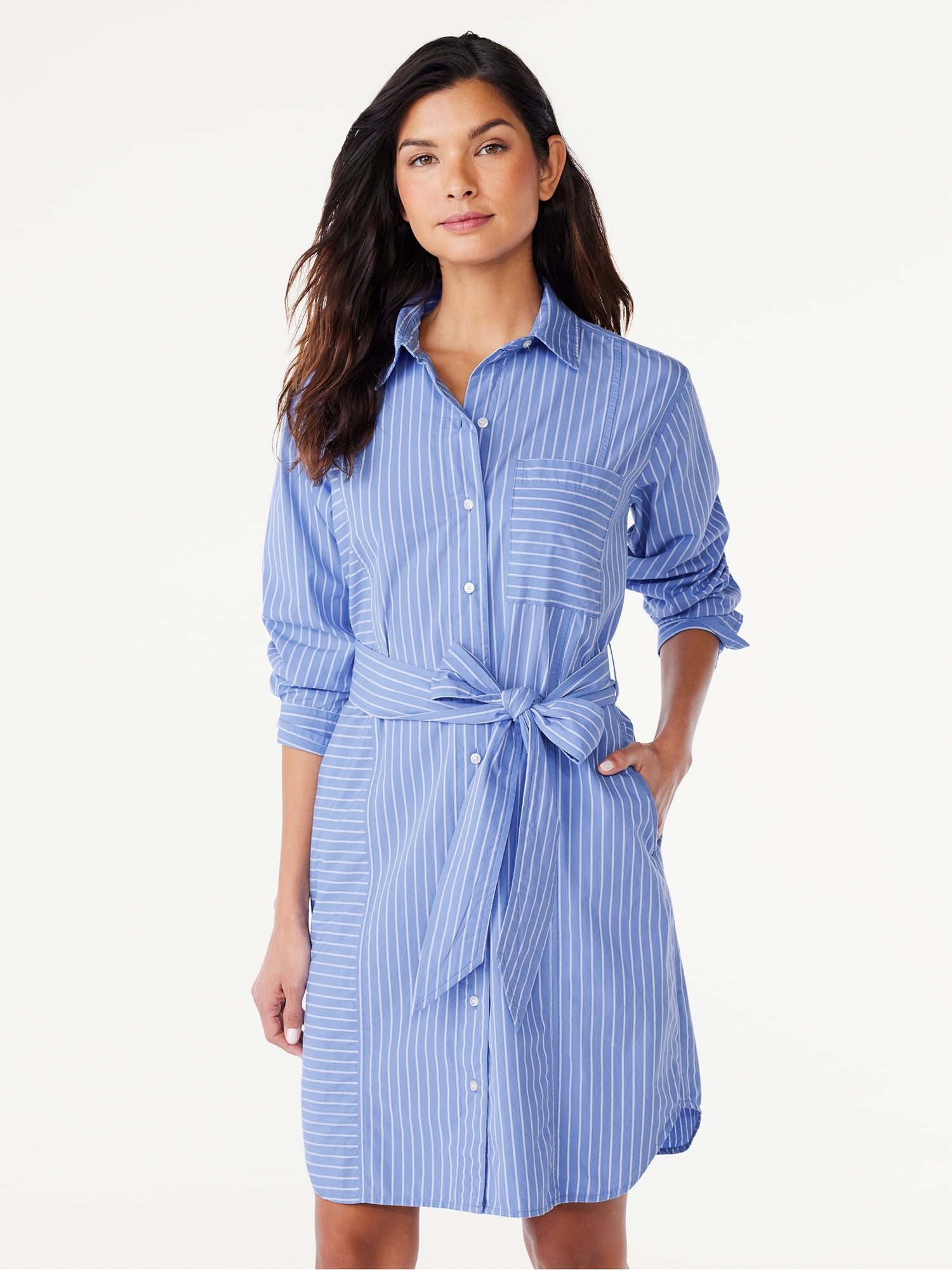 Free Assembly Women's Belted Mini Shirtdress with Long Sleeves, Sizes ...