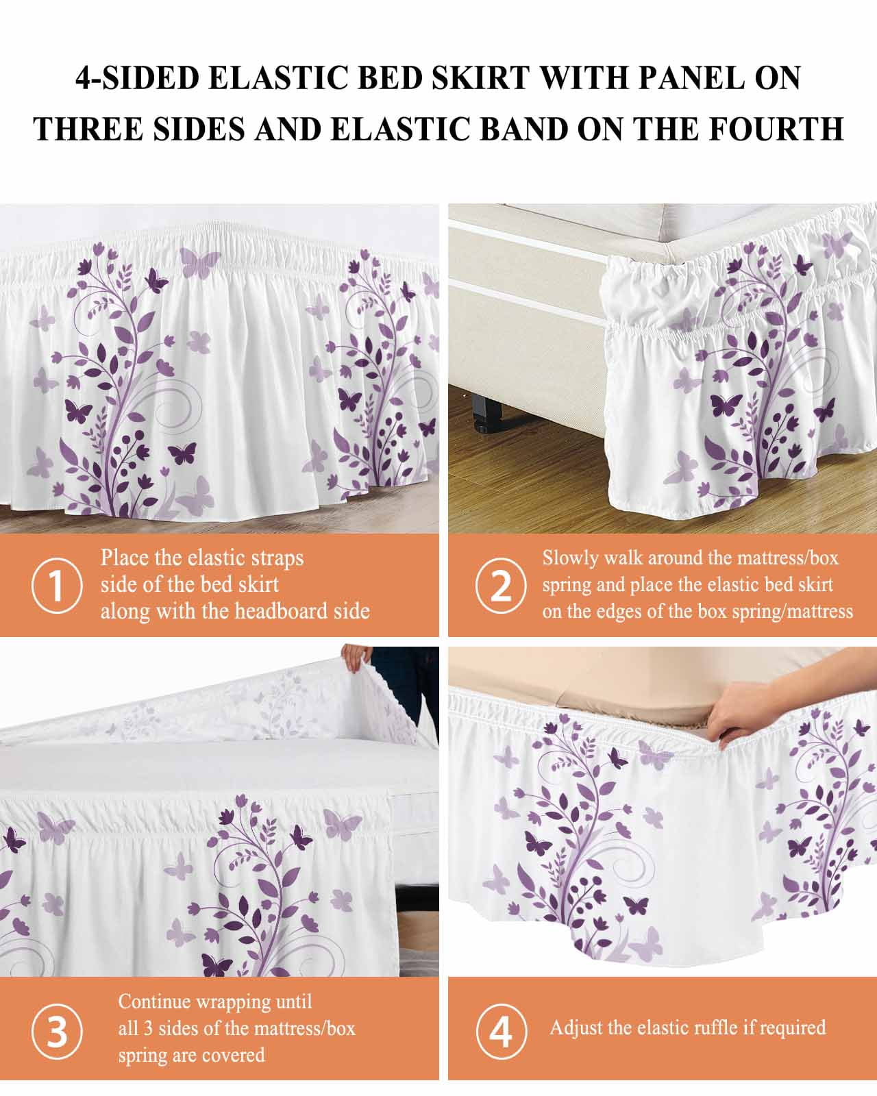 Purple WildFlower Bed Skirt King Size 16 Inch Drop, Spring Country Purple Floral Plant Butterfly Adjustable Elastic Dust Ruffles Bedskirt for King Bed Wrap Around Pleated Mattress Frame Cover